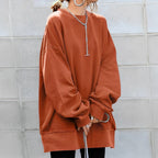 Women's oversized crew neck sweater with long sleeves and ribbed trims