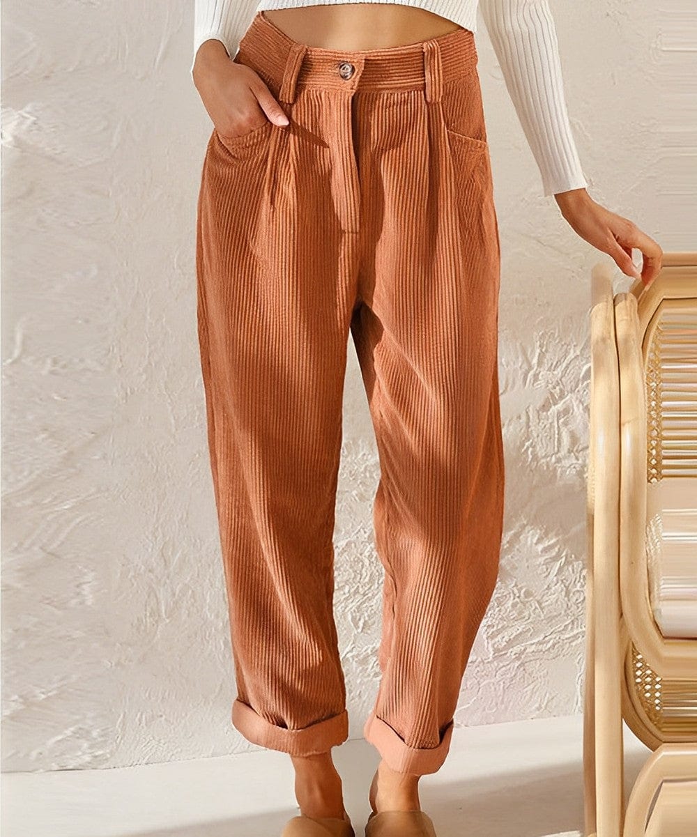 Women's high-waisted corduroy trousers with straight legs and cuffs