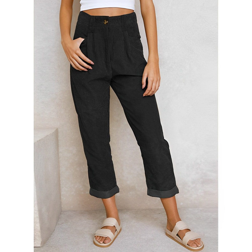 Women's high-waisted corduroy trousers with straight legs and cuffs