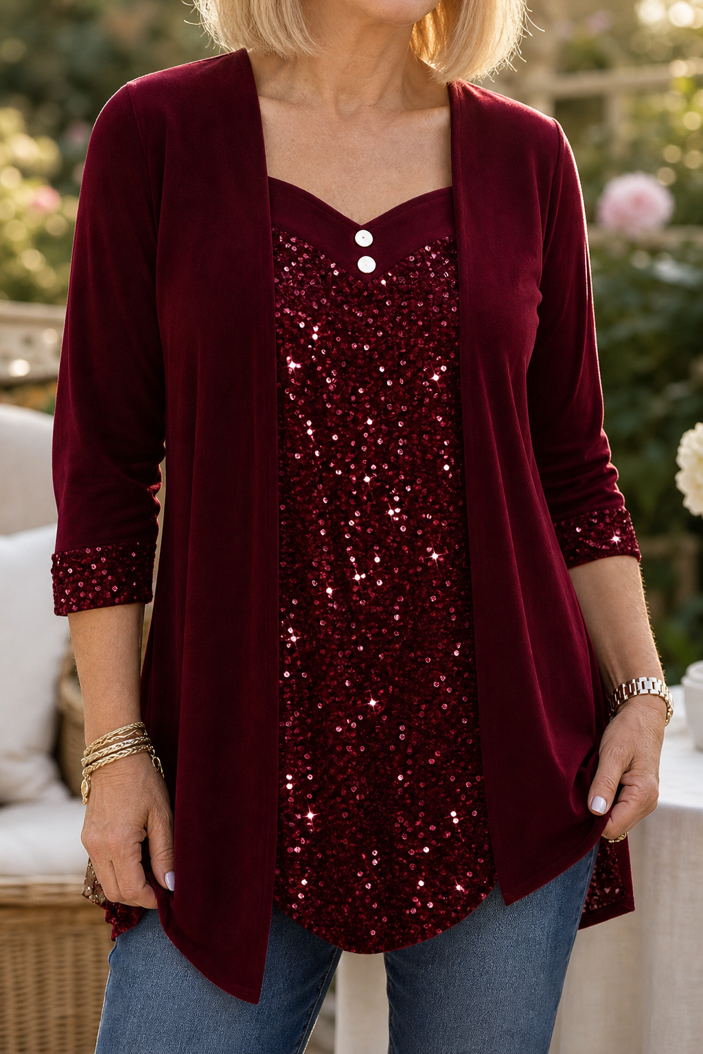 Women's Sequin Front Mock-Layer Party Top