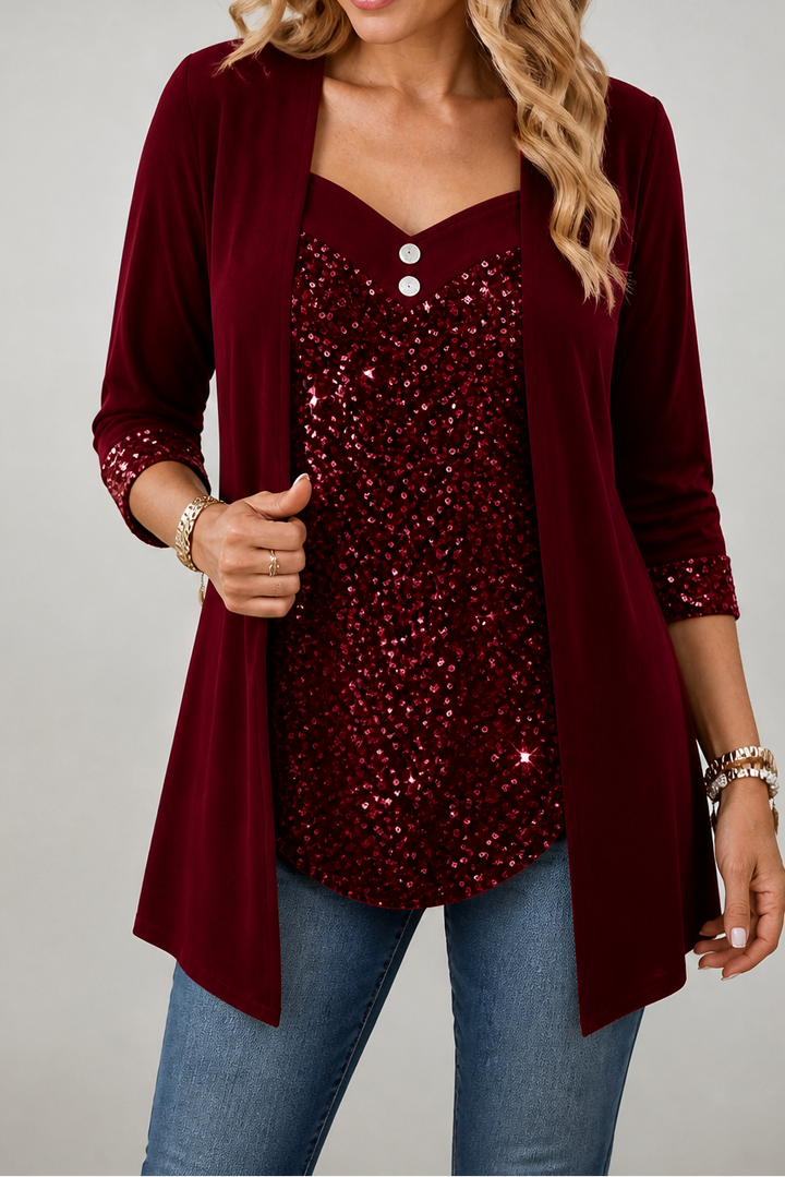 Women's Sequin Front Mock-Layer Party Top