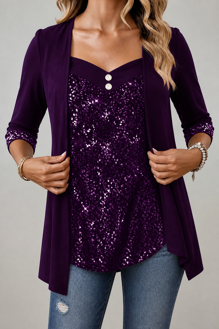 Women's Sequin Front Mock-Layer Party Top