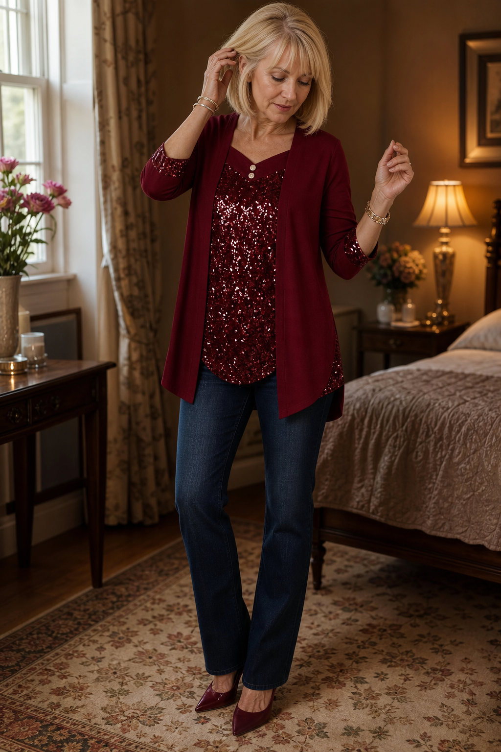 Women's Sequin Front Mock-Layer Party Top