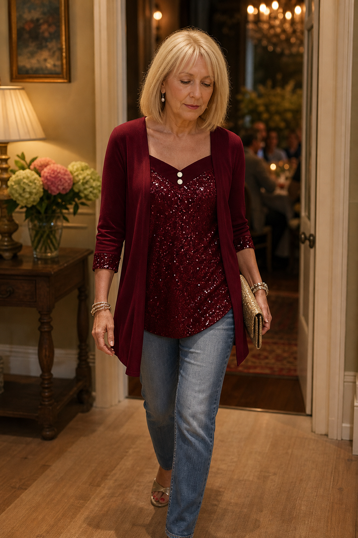Women's Sequin Front Mock-Layer Party Top