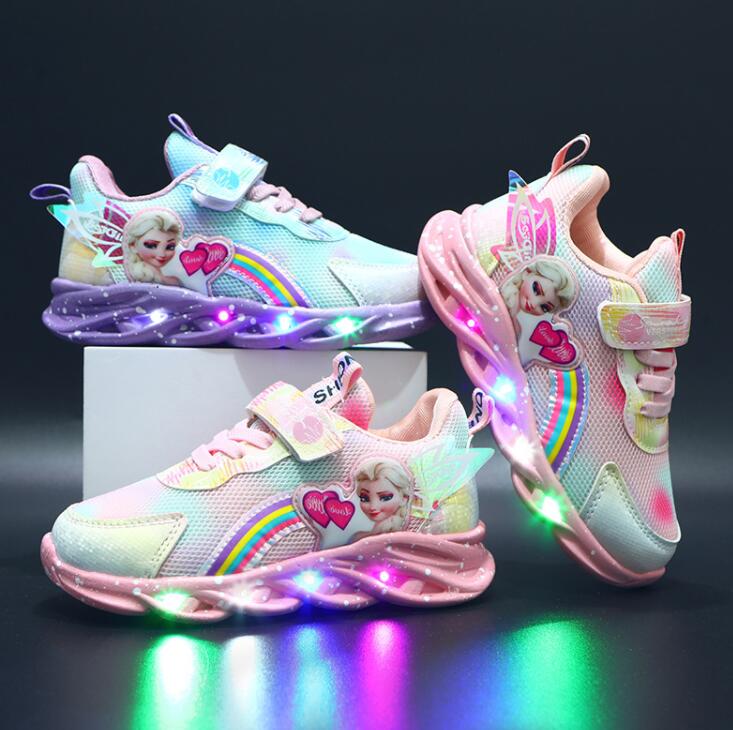 Children's pink and purple light-up lace-up sneakers with rainbow and character detail