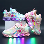 Children's pink and purple light-up lace-up sneakers with rainbow and character detail