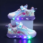 Children's pink and purple light-up lace-up sneakers with rainbow and character detail