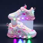 Children's pink and purple light-up lace-up sneakers with rainbow and character detail