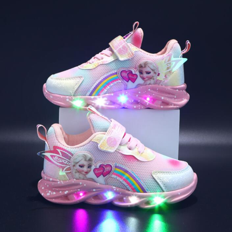 Children's pink and purple light-up lace-up sneakers with rainbow and character detail
