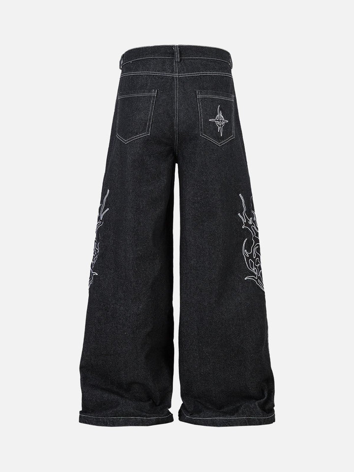 Men's black wide-leg jeans with white flame embroidery