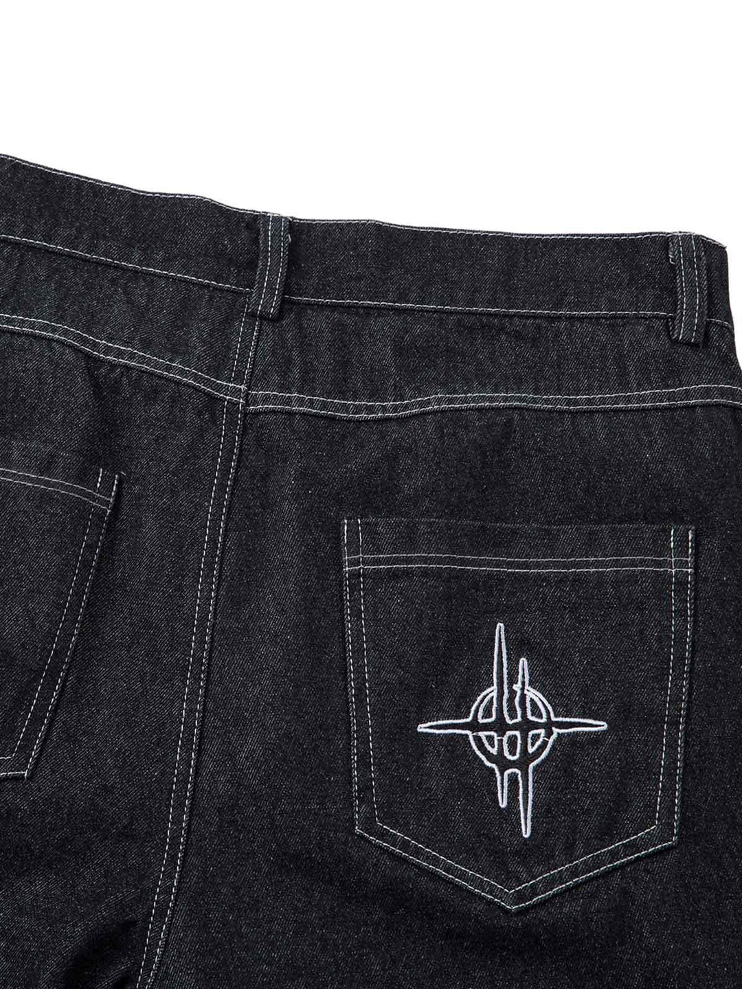 Men's black wide-leg jeans with white flame embroidery