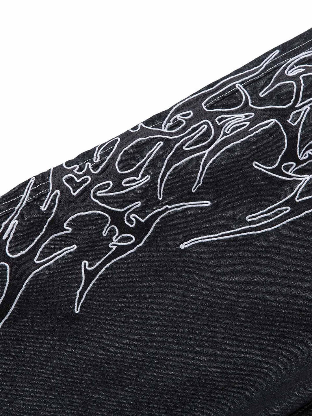 Men's black wide-leg jeans with white flame embroidery