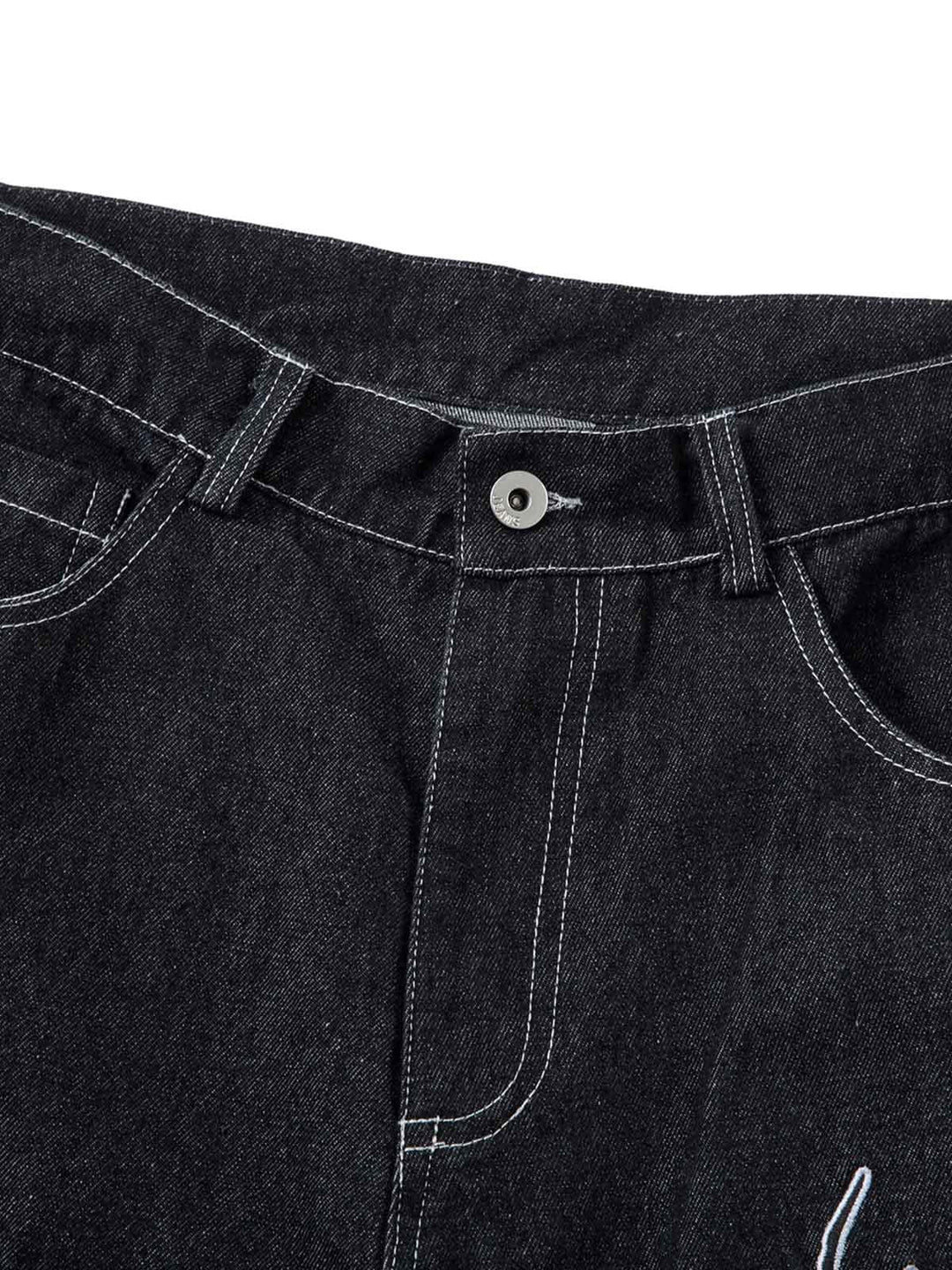 Men's black wide-leg jeans with white flame embroidery