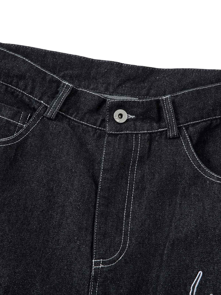 Men's black wide-leg jeans with white flame embroidery