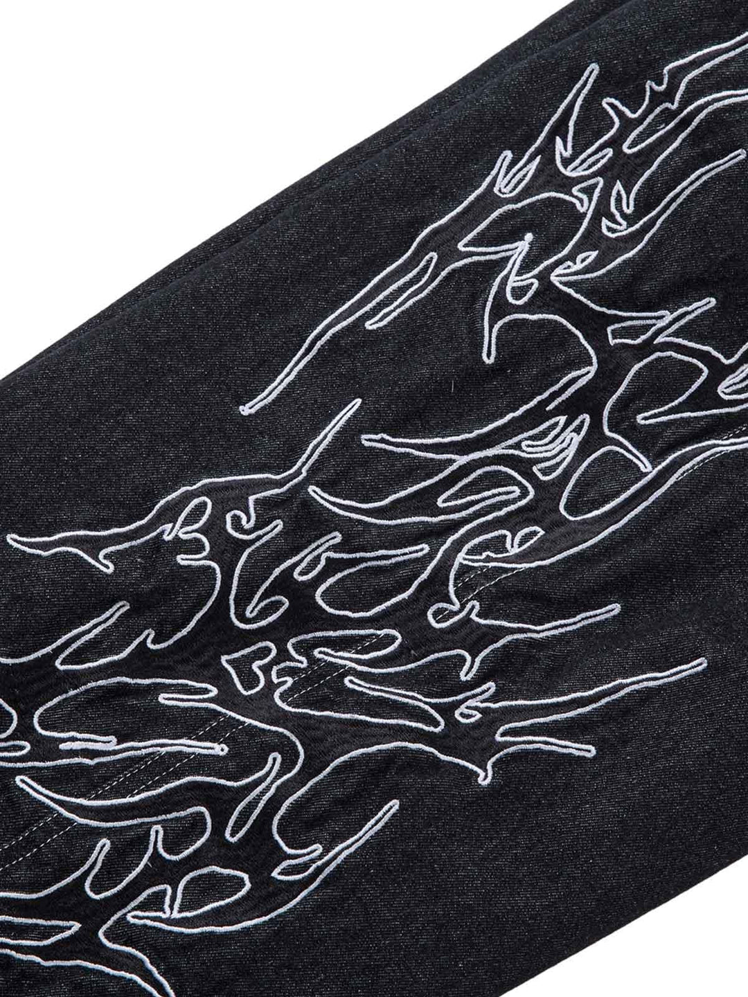 Men's black wide-leg jeans with white flame embroidery