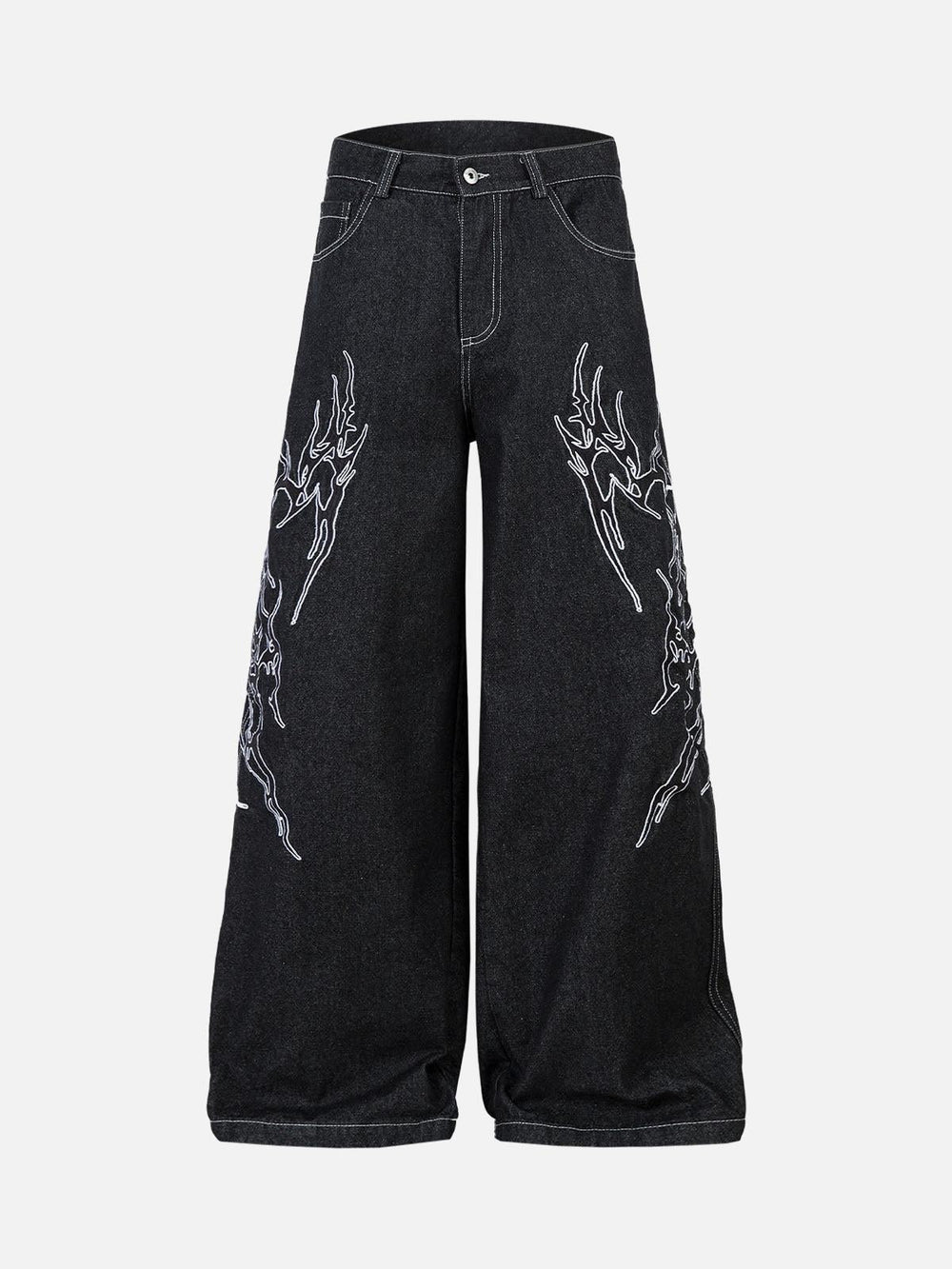 Men's black wide-leg jeans with white flame embroidery