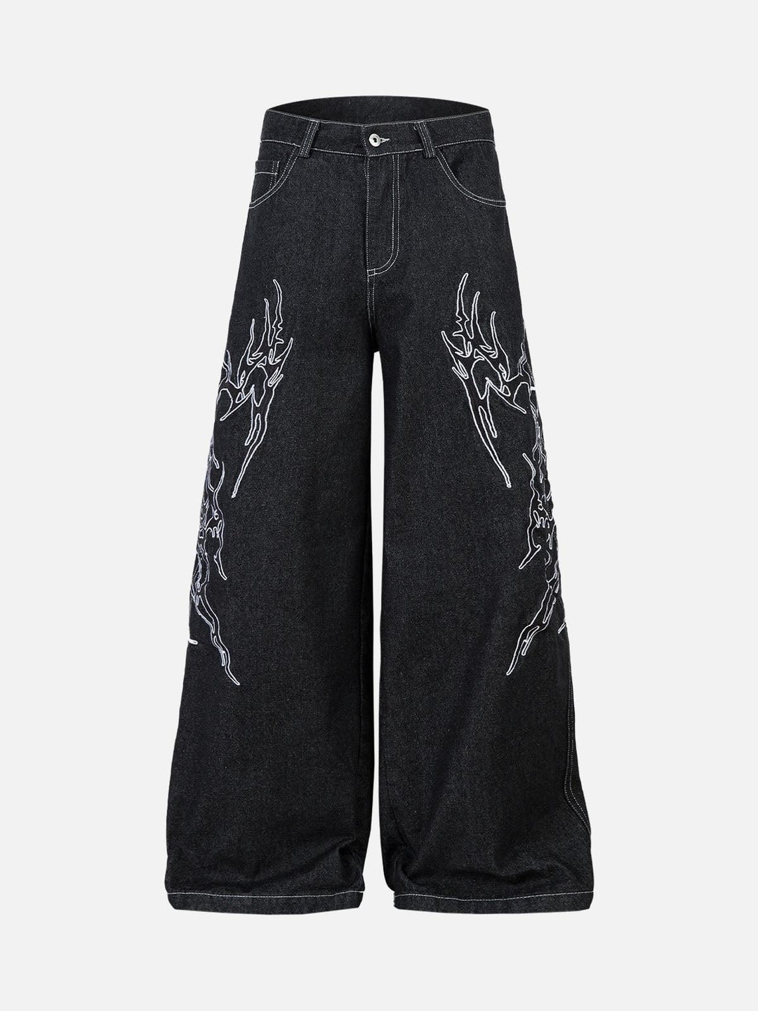 Men's black wide-leg jeans with white flame embroidery