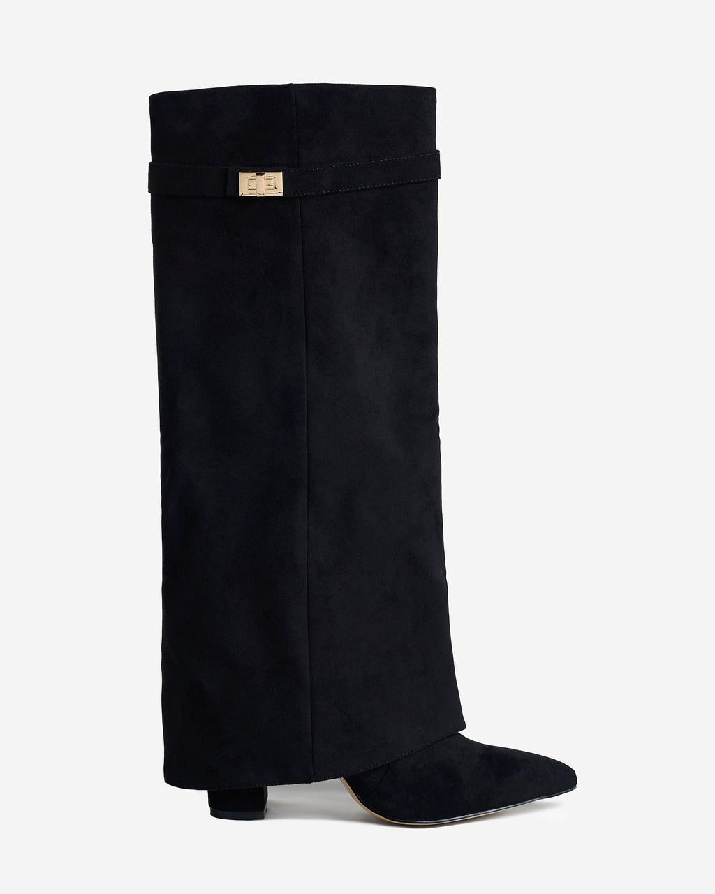 Black knee-high boots with pointed toes, buckle straps and low heels