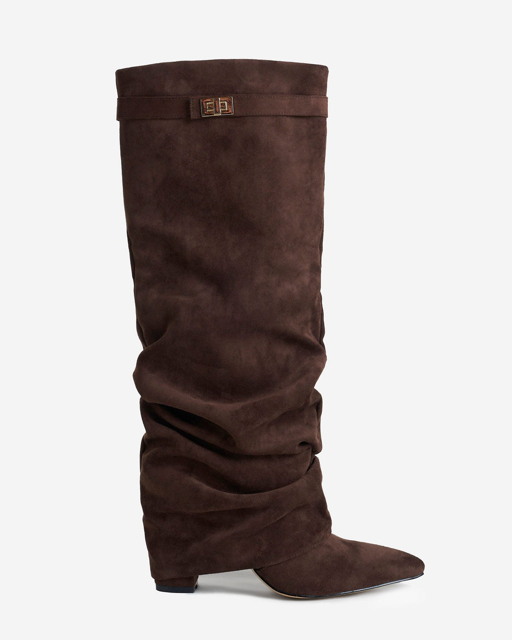 Women's brown slouchy knee-high boots with pointed toes
