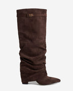Women's brown slouchy knee-high boots with pointed toes