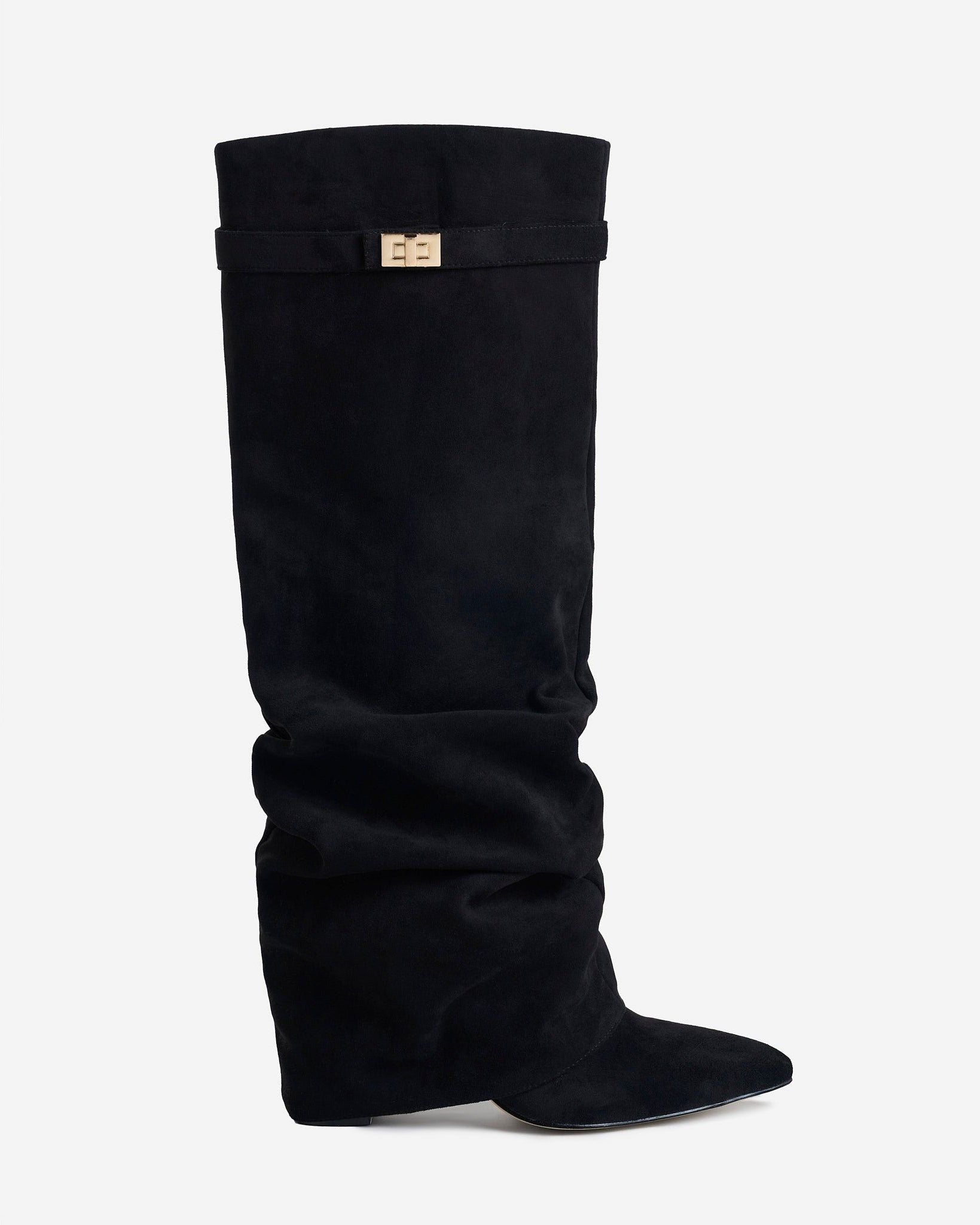 Women's black slouchy knee-high boots with pointed toes and buckled straps