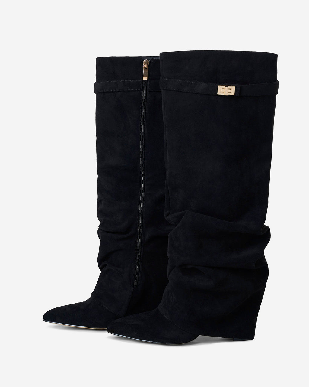 Women's black slouchy knee-high boots with pointed toes and buckled straps