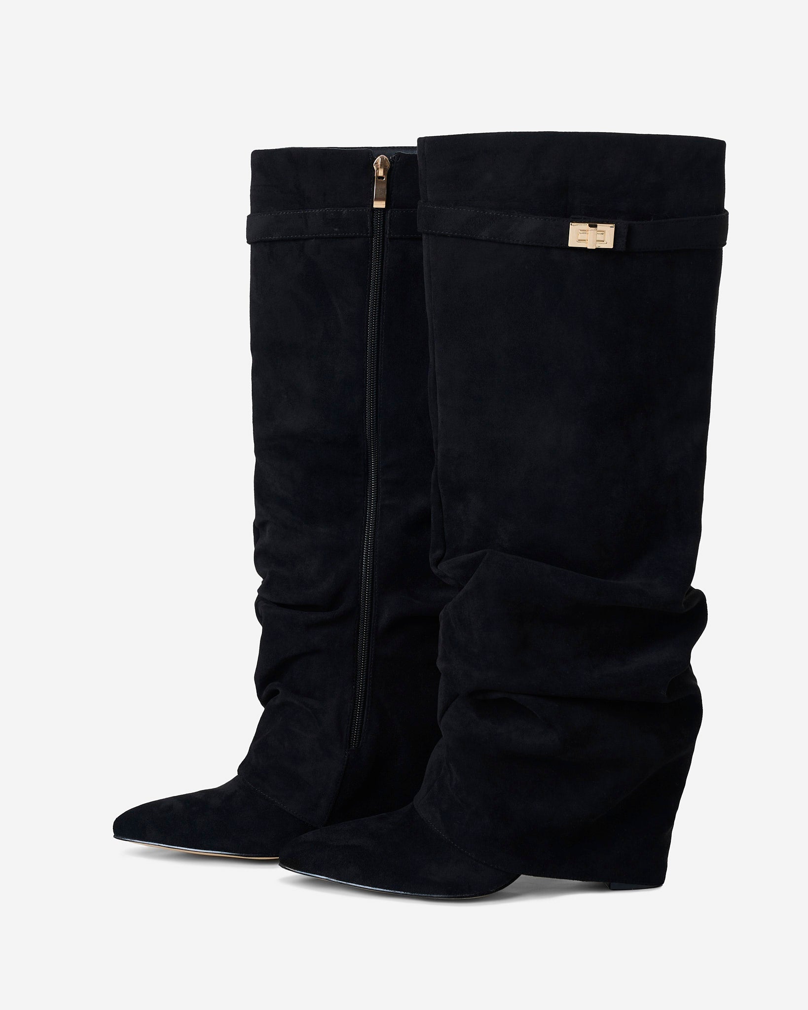 Women's black slouchy knee-high boots with pointed toes and buckled straps