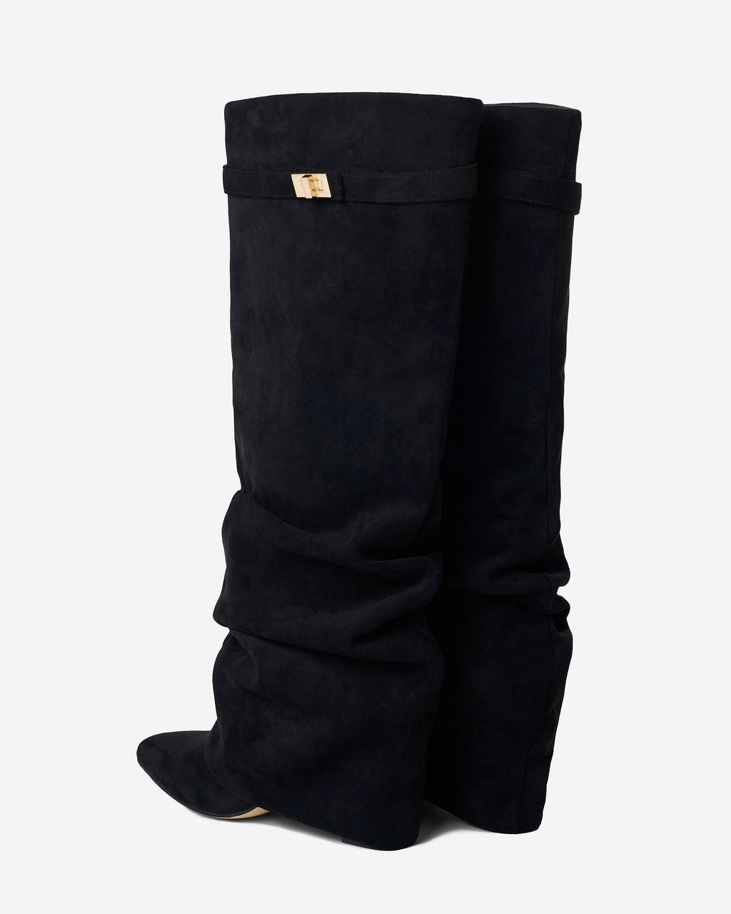 Women's black slouchy knee-high boots with pointed toes and buckled straps