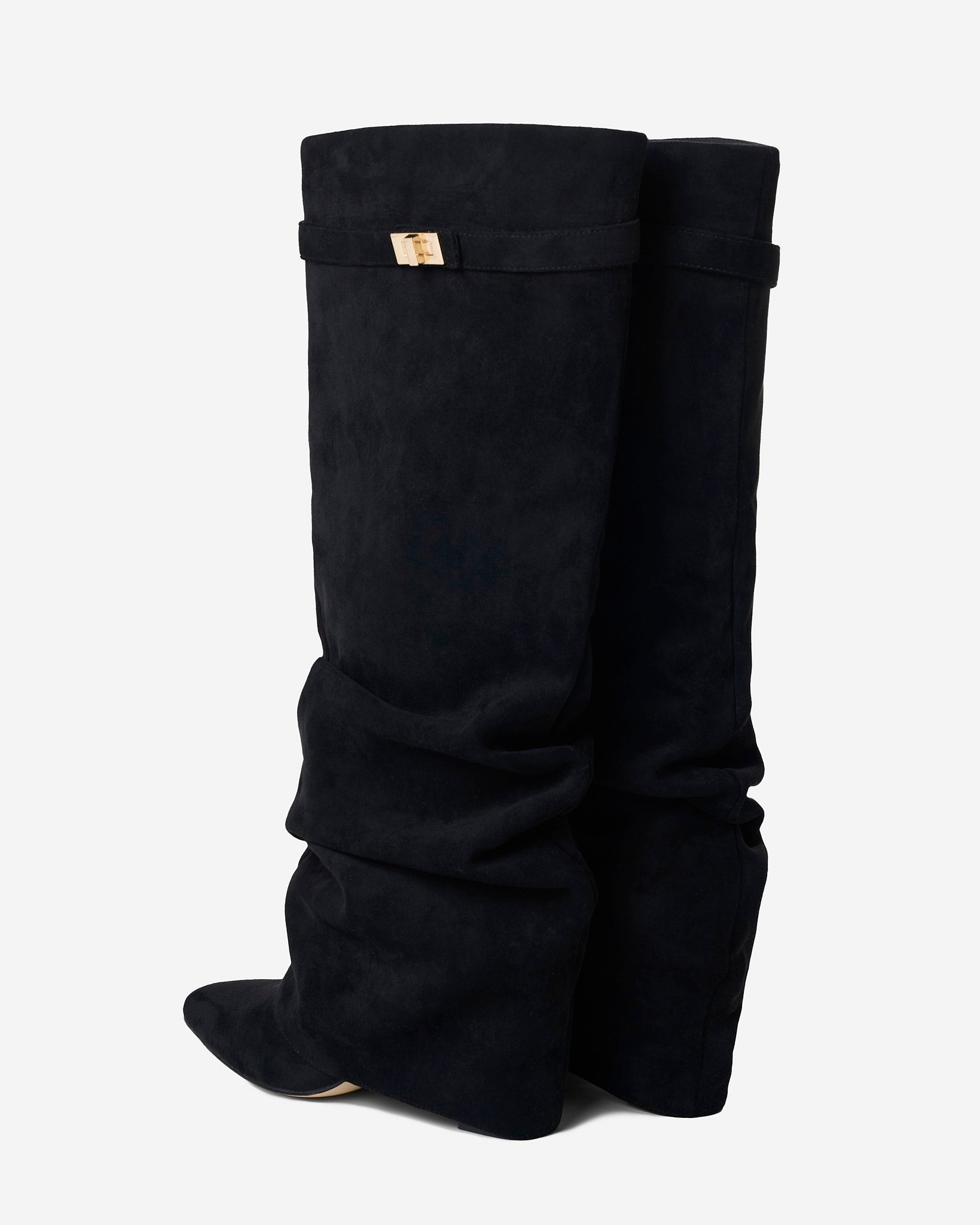 Women's black slouchy knee-high boots with pointed toes and buckled straps