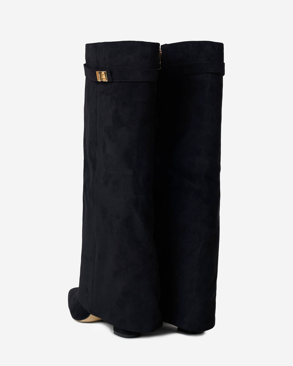 Black knee-high boots with pointed toes, buckle straps and low heels