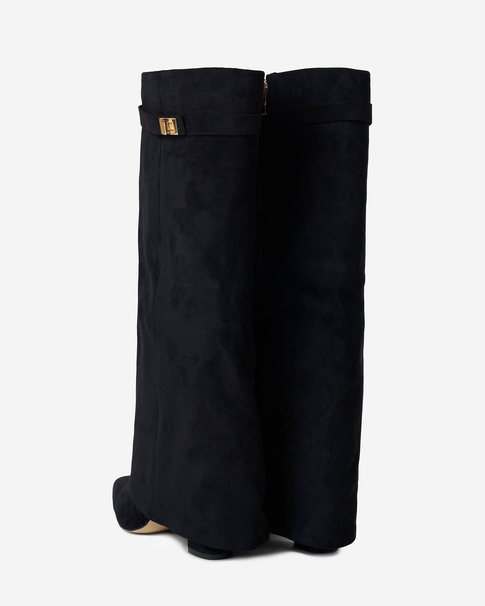 Black knee-high boots with pointed toes, buckle straps and low heels