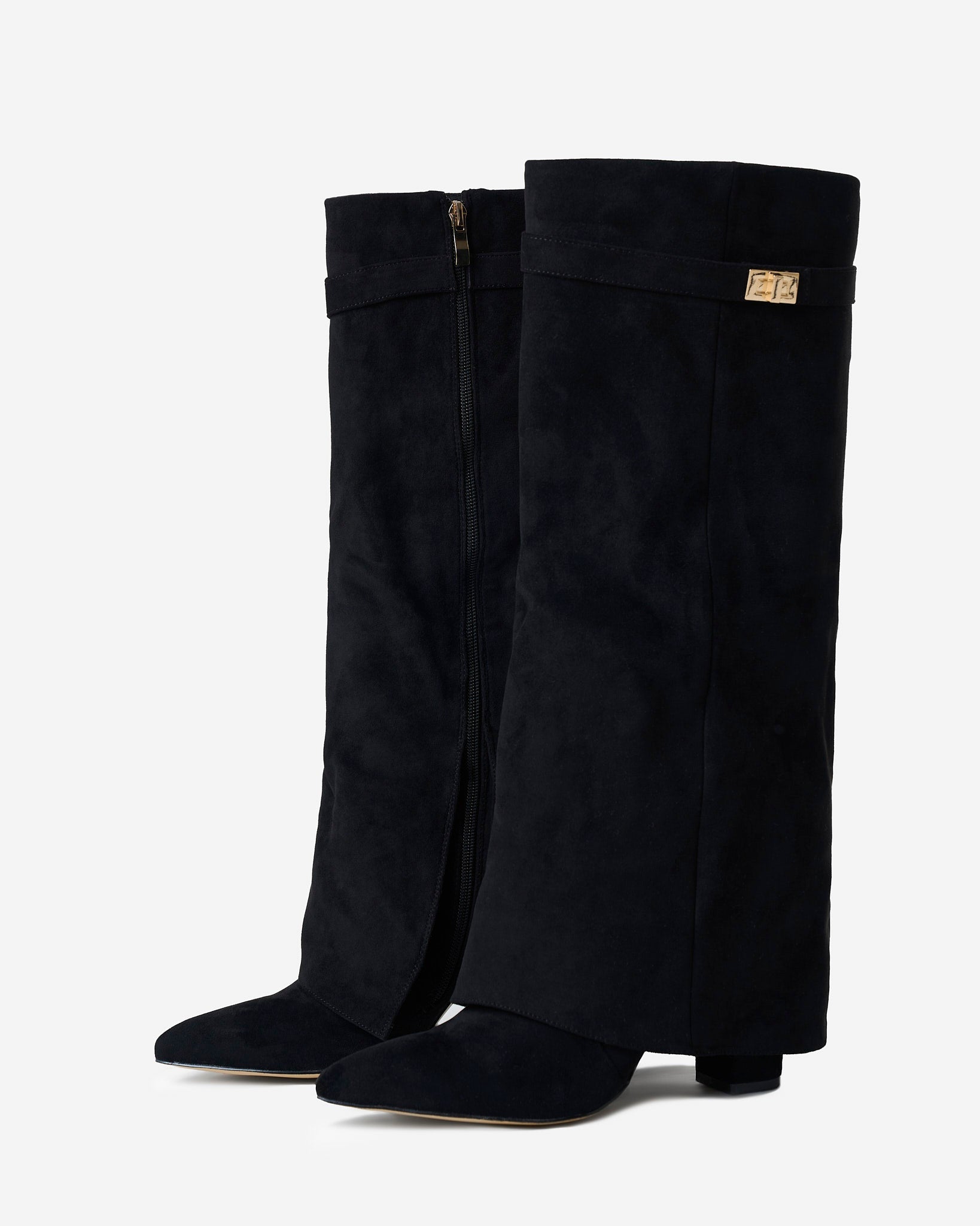 Black knee-high boots with pointed toes, buckle straps and low heels