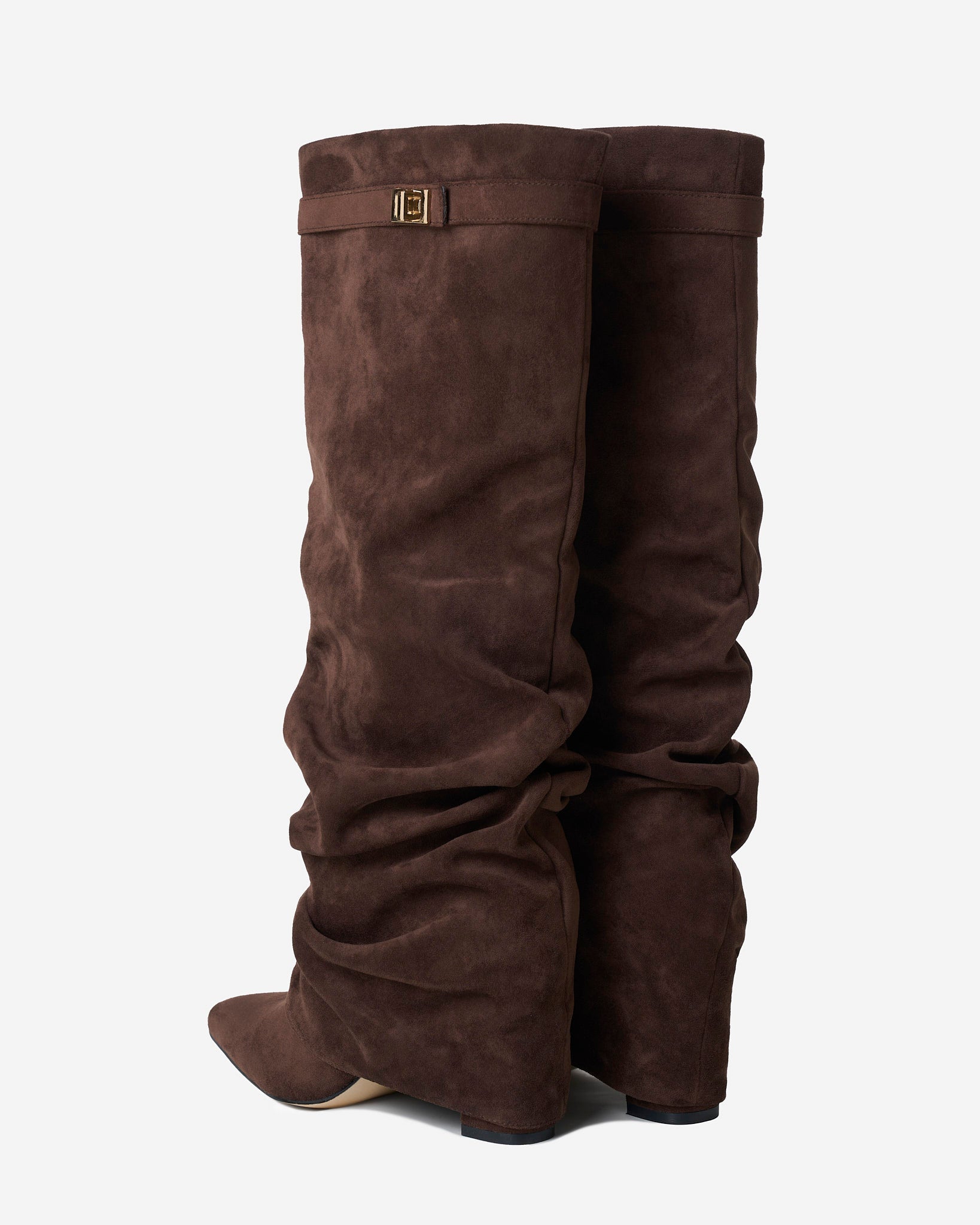 Women's brown slouchy knee-high boots with pointed toes
