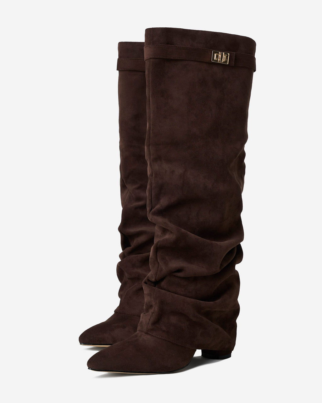 Women's brown slouchy knee-high boots with pointed toes