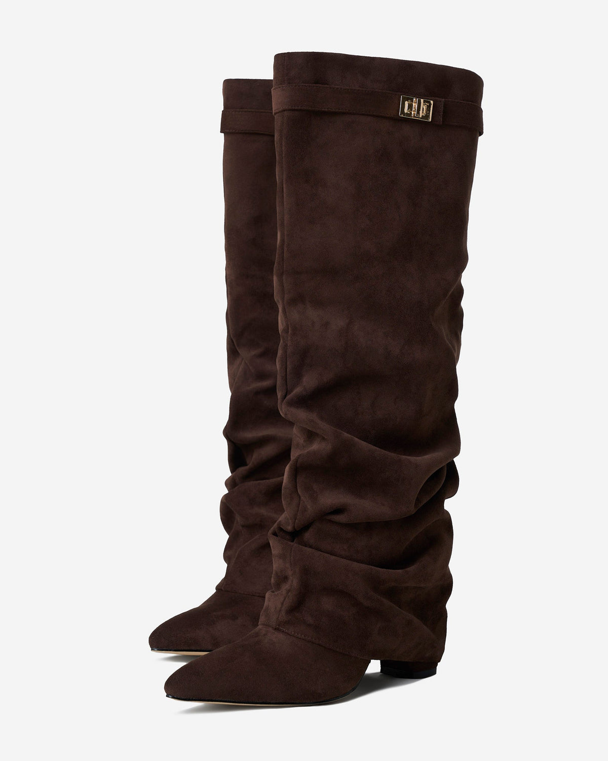 Women's brown slouchy knee-high boots with pointed toes