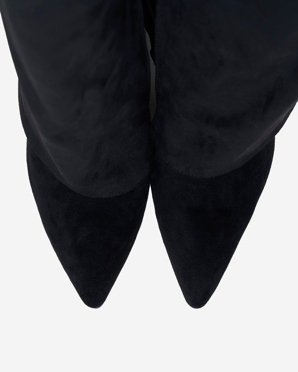 Black knee-high boots with pointed toes, buckle straps and low heels