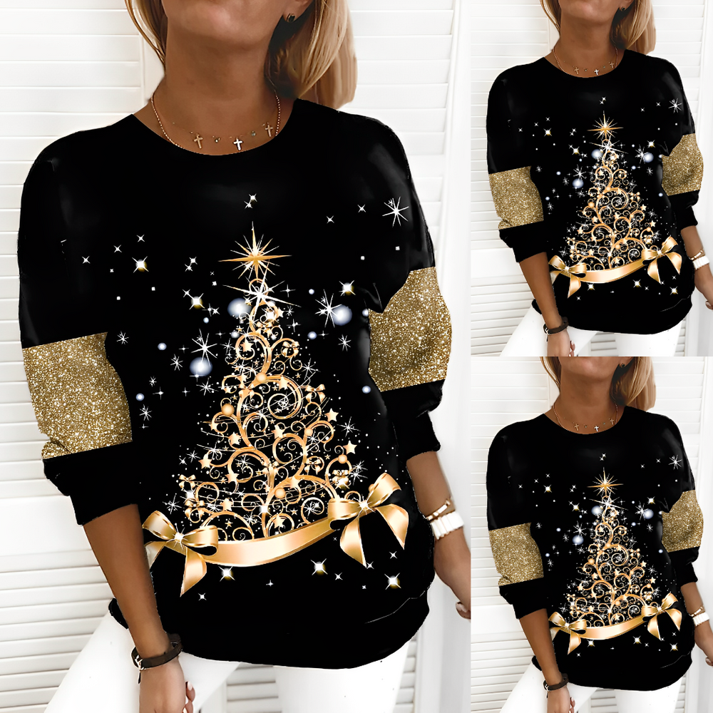 Women's black Christmas jumper with glitter tree motif and glitter sleeves