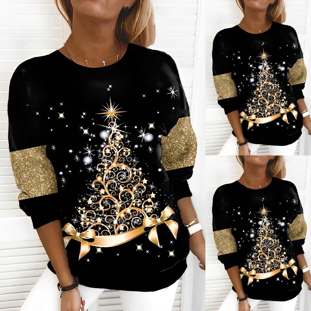 Women's black Christmas jumper with glitter tree motif and glitter sleeves