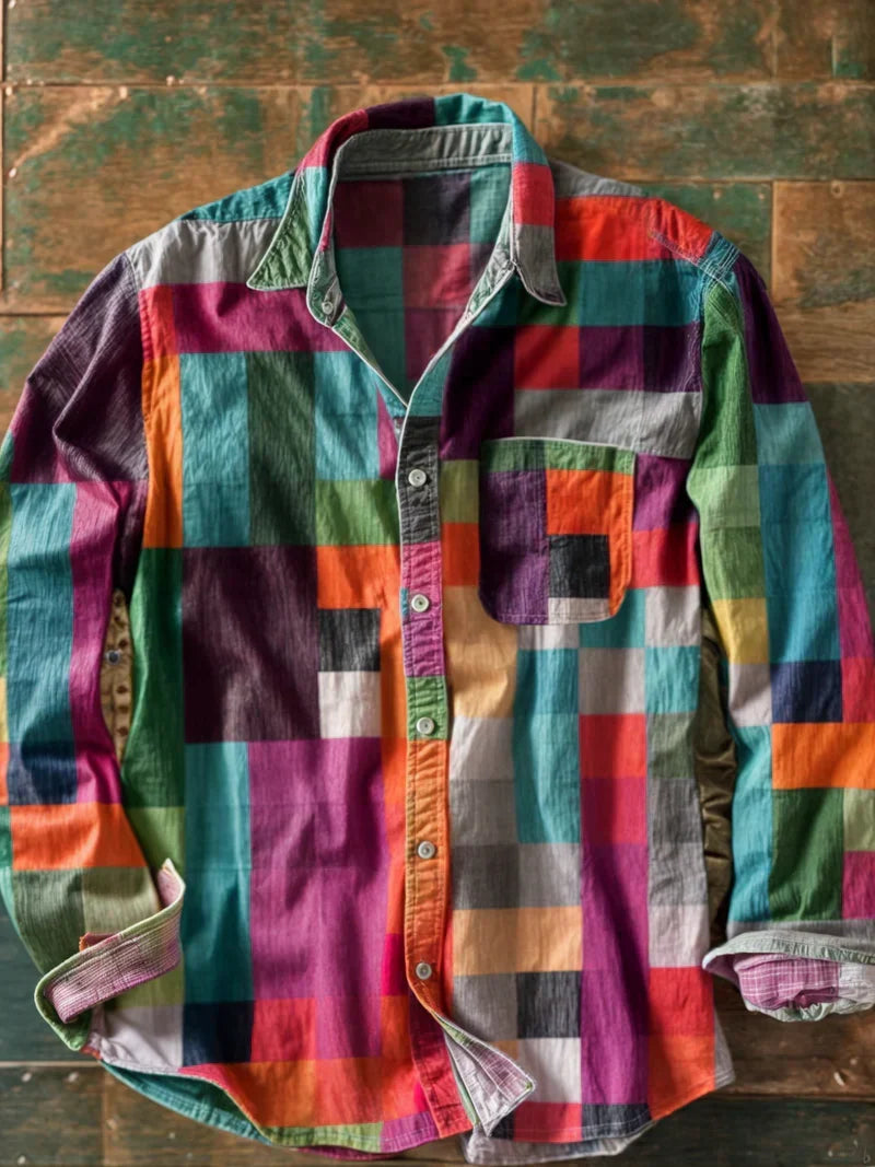 Men's multicoloured checked long-sleeve shirt with button front and chest pocket