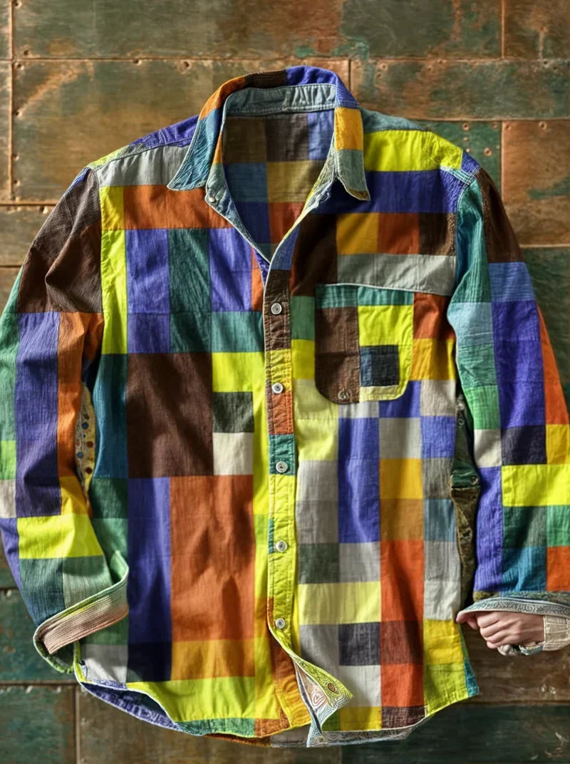Men's multicoloured checked long-sleeve shirt with button front and chest pocket