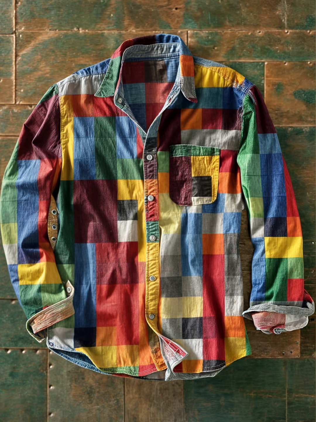 Men's multicoloured checked long-sleeve shirt with button front and chest pocket