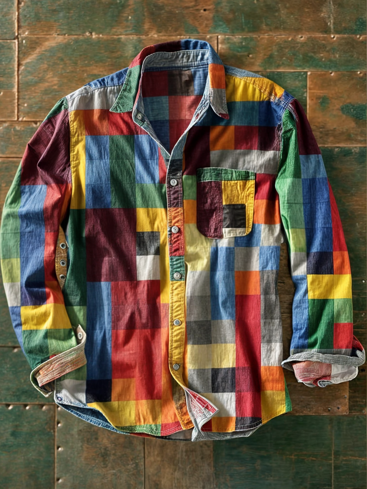 Men's multicoloured checked long-sleeve shirt with button front and chest pocket