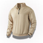 Men's quarter-zip cable knit sweater with mock neck and ribbed trims