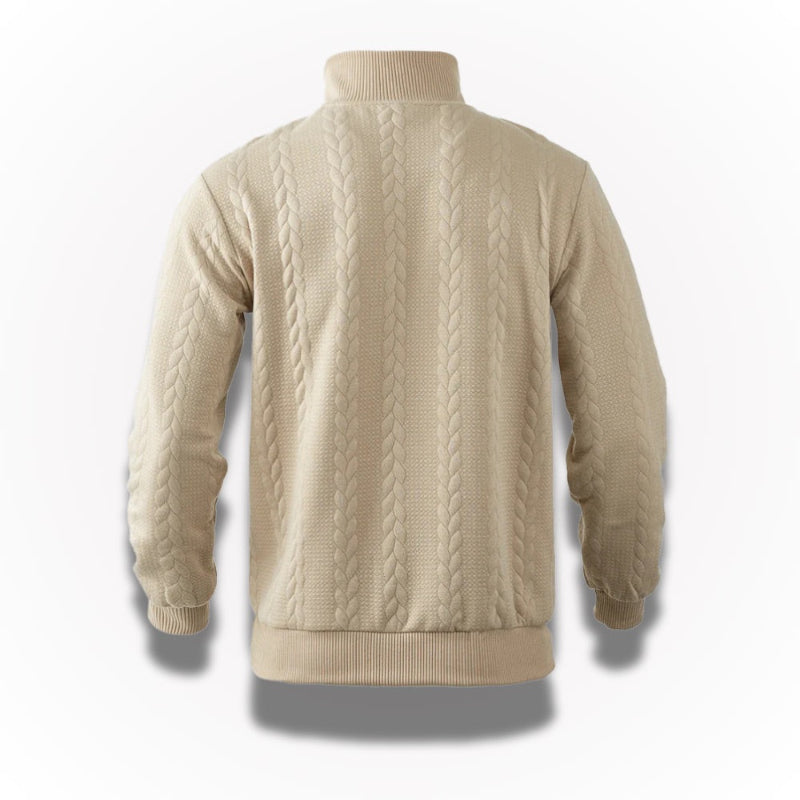 Men's quarter-zip cable knit sweater with mock neck and ribbed trims