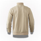 Men's quarter-zip cable knit sweater with mock neck and ribbed trims