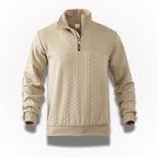 Men's quarter-zip cable knit sweater with mock neck and ribbed trims