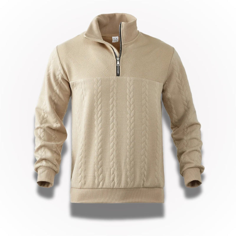 Men's quarter-zip cable knit sweater with mock neck and ribbed trims