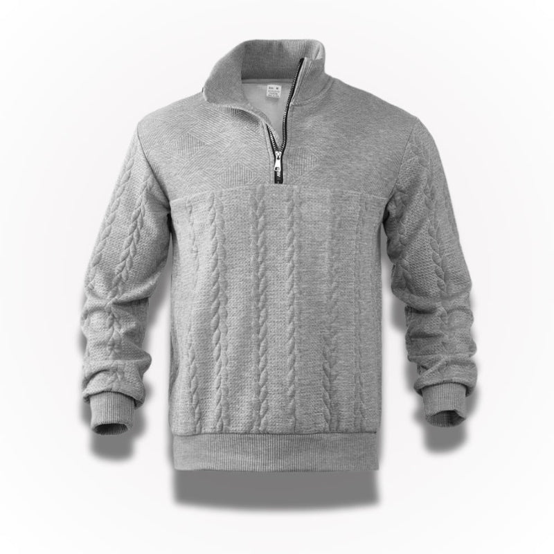 Men's quarter-zip cable knit sweater with mock neck and ribbed trims