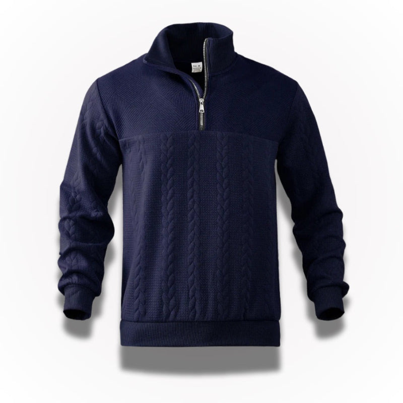 Men's quarter-zip cable knit sweater with mock neck and ribbed trims
