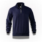 Men's quarter-zip cable knit sweater with mock neck and ribbed trims